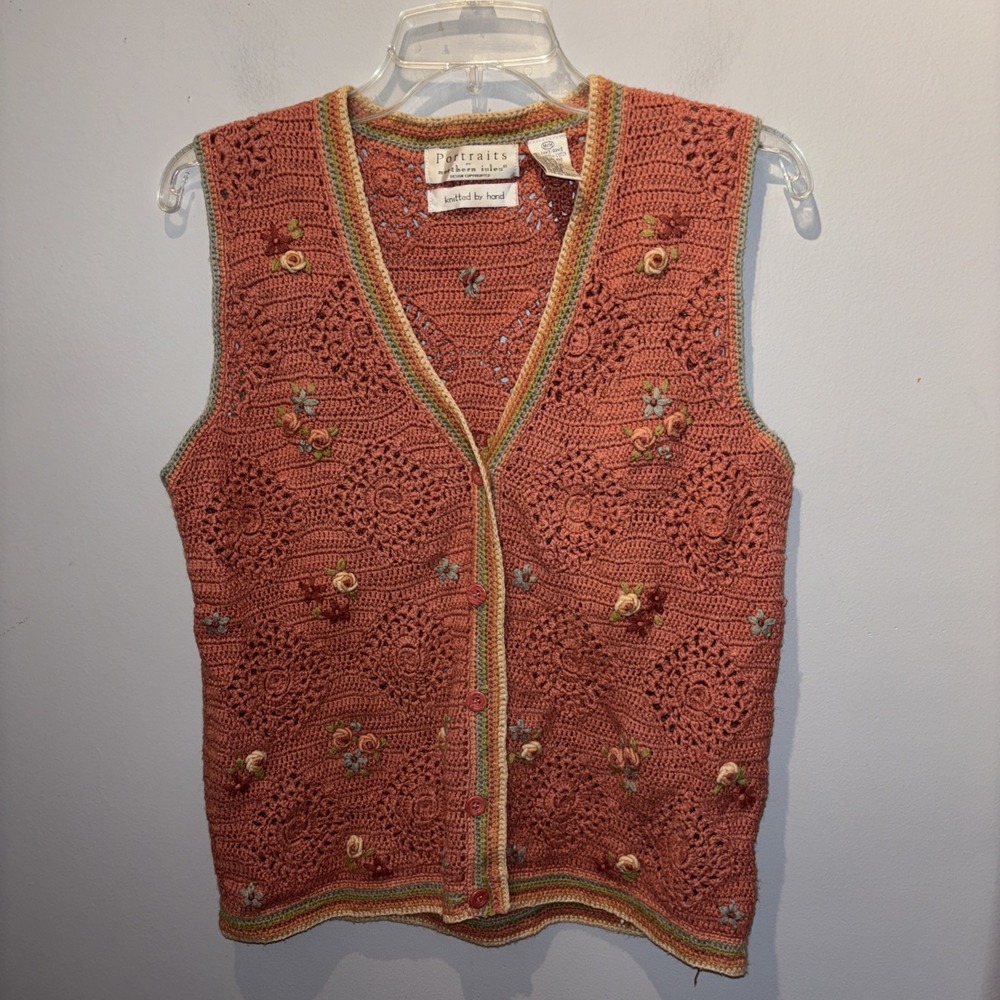 VTG Portraits Northern Isles‎ Hand Knit Floral Sweater Vest Size M Cottagecore